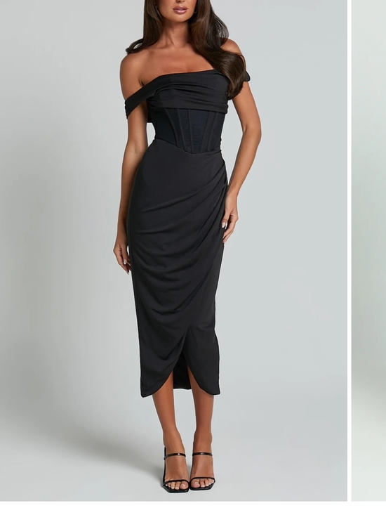 Showpo. Dresses & Skirts - Showpo Black Off-Shoulder Asymmetrical Midi Dress